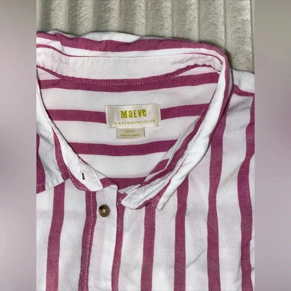 Maeve Anthropologie Short Sleeve Shirt Ruffle Sleeve Pink and White Medium - Picture 2 of 7